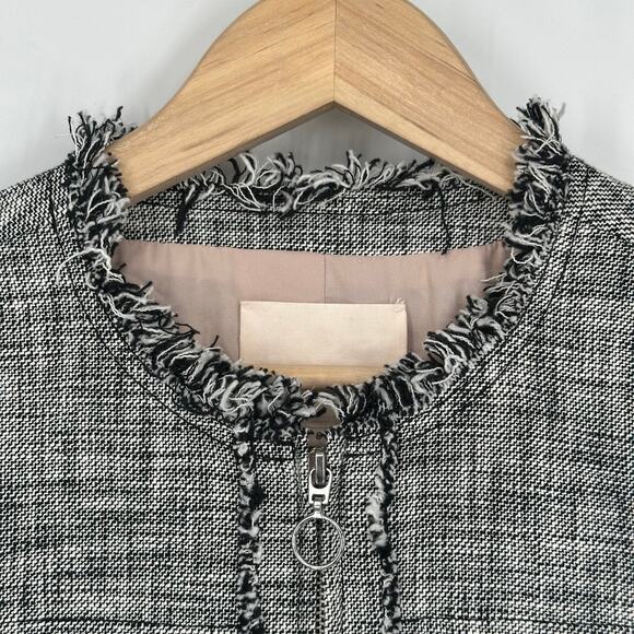 Rebecca Taylor Tweed Fringe Trim Peplum Blazer Raw Edge Trim Collarless Jacket - Picture 5 of 13